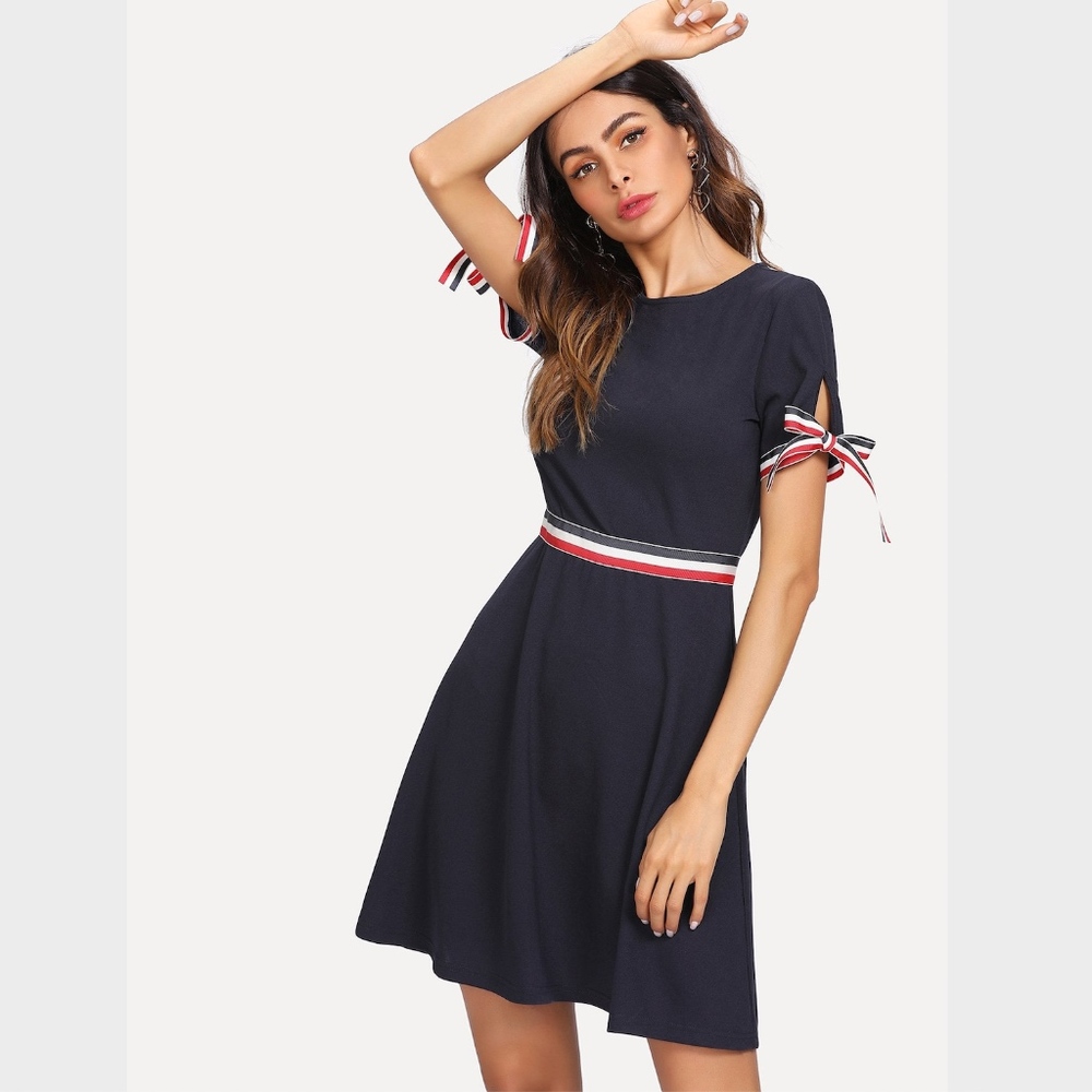 Knot Cuff Striped Fit & Flare Navy Dress - Picture 3 of 8
